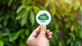 Main tenant un badge circulaire devant un fond de feuillage vert flou. Le badge affiche une icône de nuage avec le texte « CO₂ » et des flèches orientées vers le bas, illustrant la réduction ou l’absorption des émissions de dioxyde de carbone.