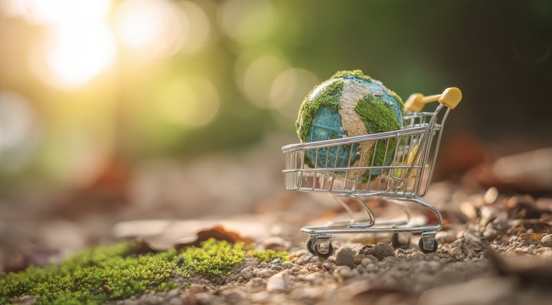 Petit chariot de supermarché posé sur un sol naturel, contenant un globe terrestre recouvert de mousse verte. L’image, baignée d’une lumière douce en extérieur, évoque la consommation responsable et la protection de l’environnement.