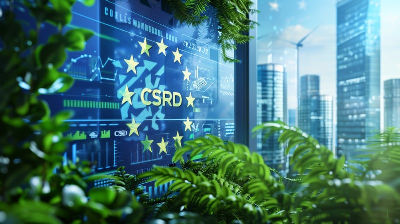Visuel illustrant la directive européenne CSRD : le sigle « CSRD » apparaît au centre d’un écran numérique entouré des étoiles du drapeau européen. Des graphiques et indicateurs financiers sont visibles en arrière-plan, avec des plantes vertes au premier plan et des immeubles de bureaux modernes en arrière-plan, évoquant le reporting de durabilité et les enjeux ESG en entreprise.