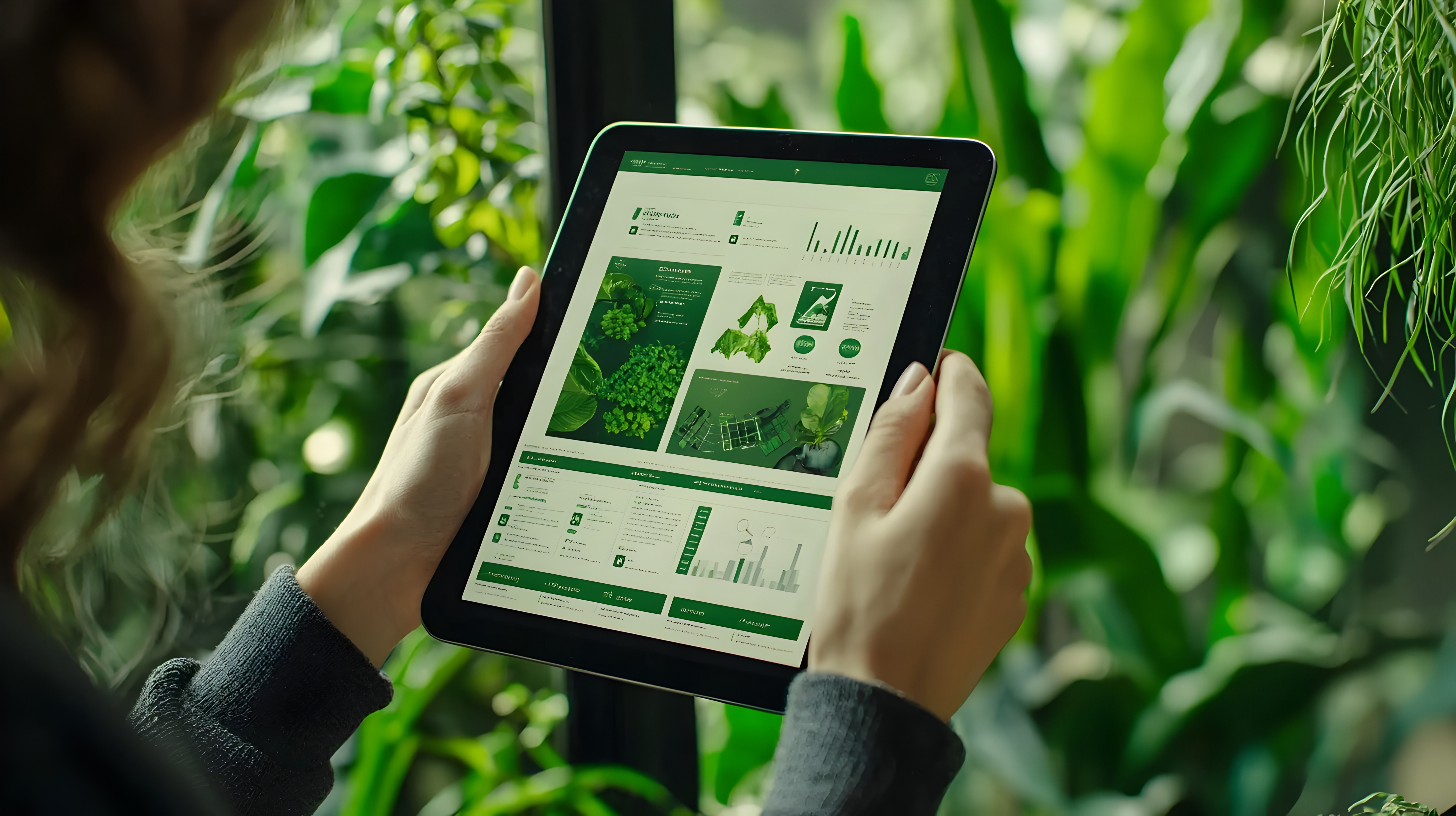 Illustration de l’interface VSME sur tablette, utilisée dans un environnement végétalisé, démontrant l’alliance entre technologie et agriculture durable.